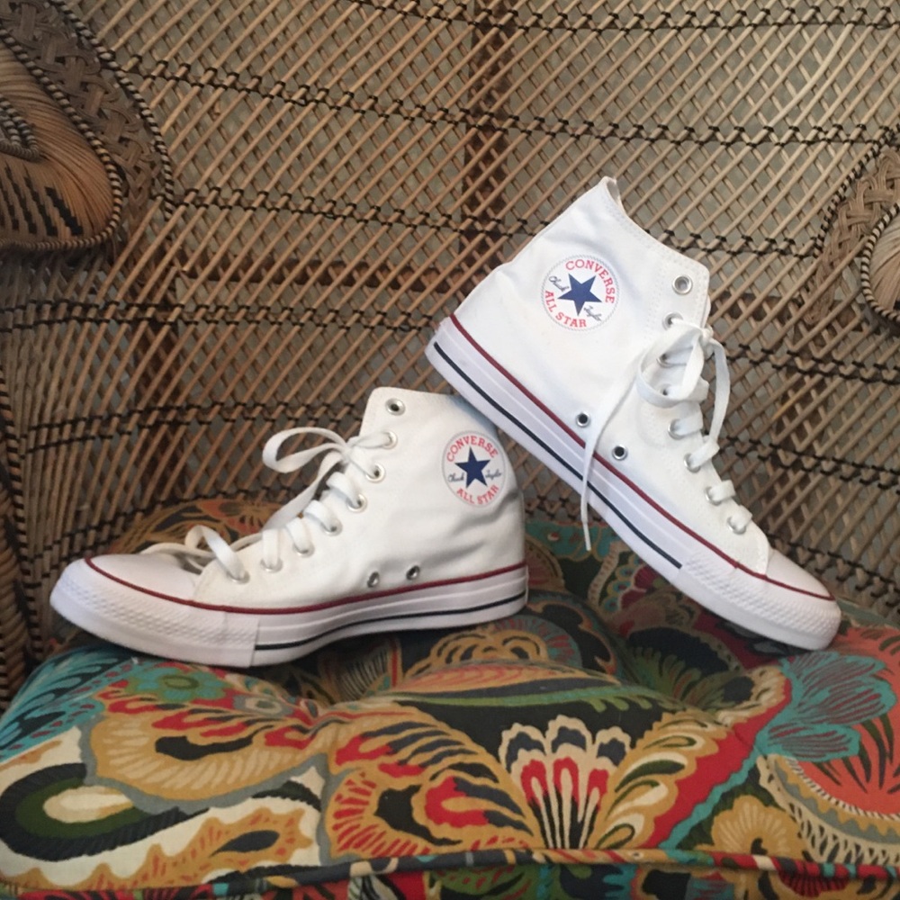 Converse white high tops. Men’s 7, women’s 9